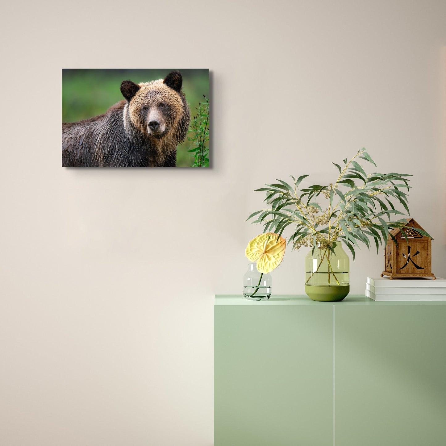 Grizzly Portrait with Green Background
