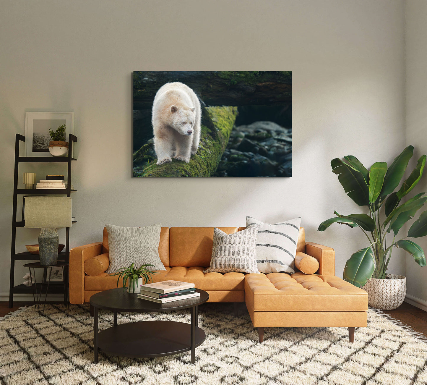 Spirit Bear Looks Off Mossy Log