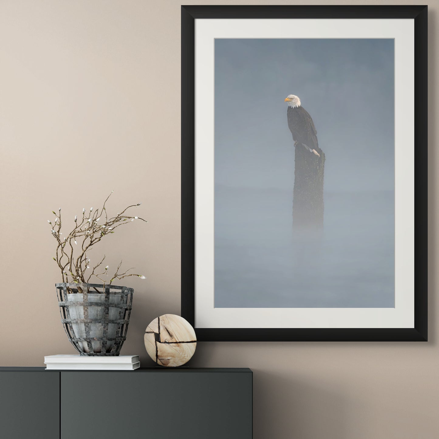 Bald Eagle on Piling in Fog