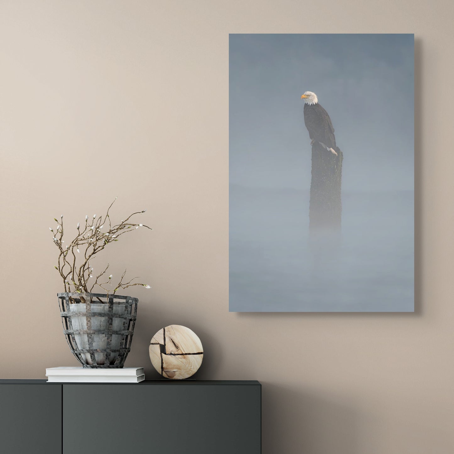 Bald Eagle on Piling in Fog