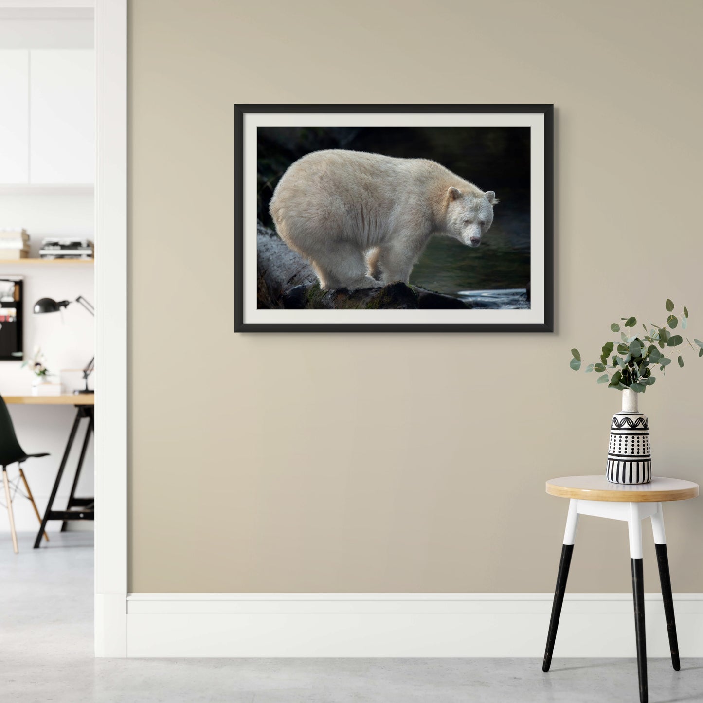 Spirit Bear on a Fishing Log