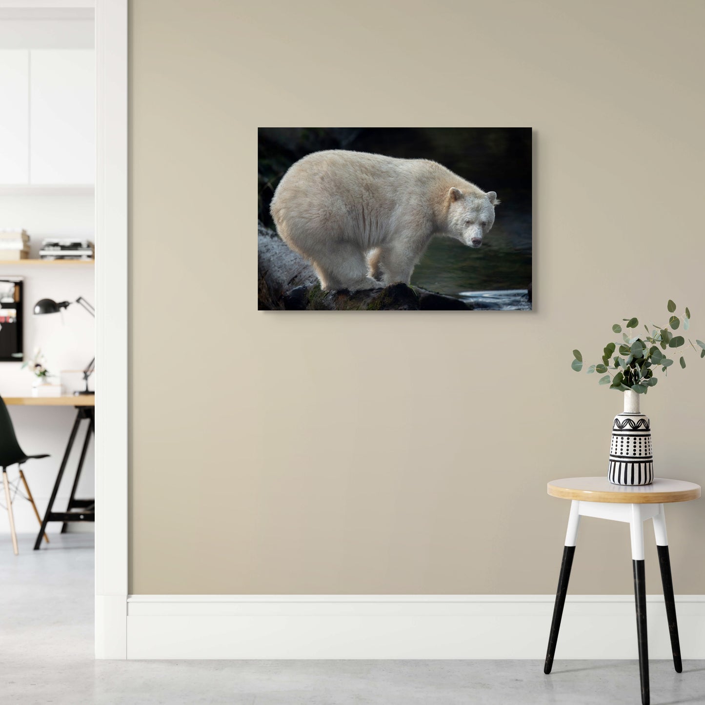 Spirit Bear on a Fishing Log