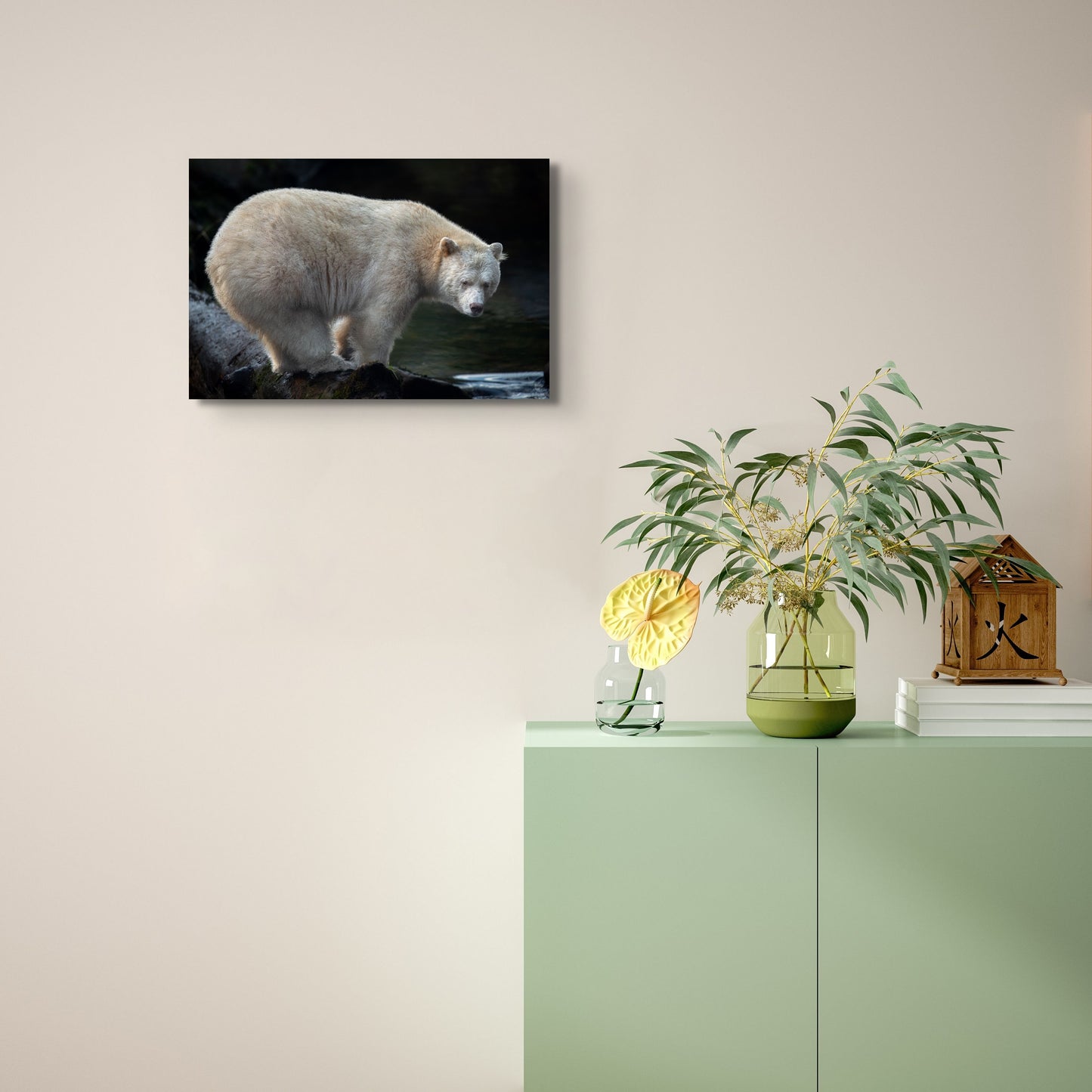 Spirit Bear on a Fishing Log